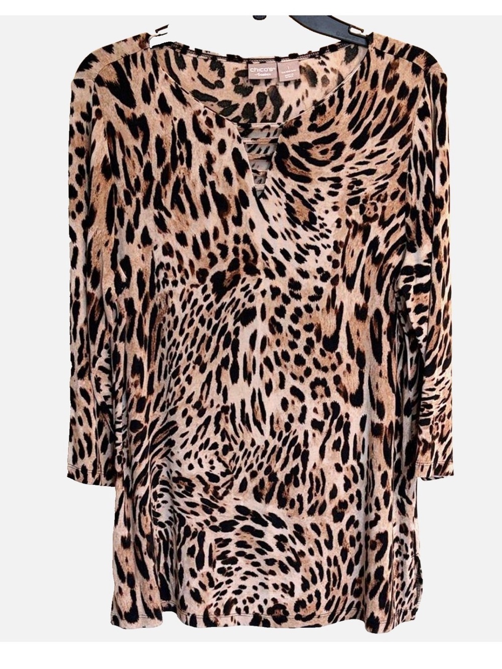 Chico’s Travelers Leopard Print Top Size 1 Brown Black Stretch Travel Tunic Top